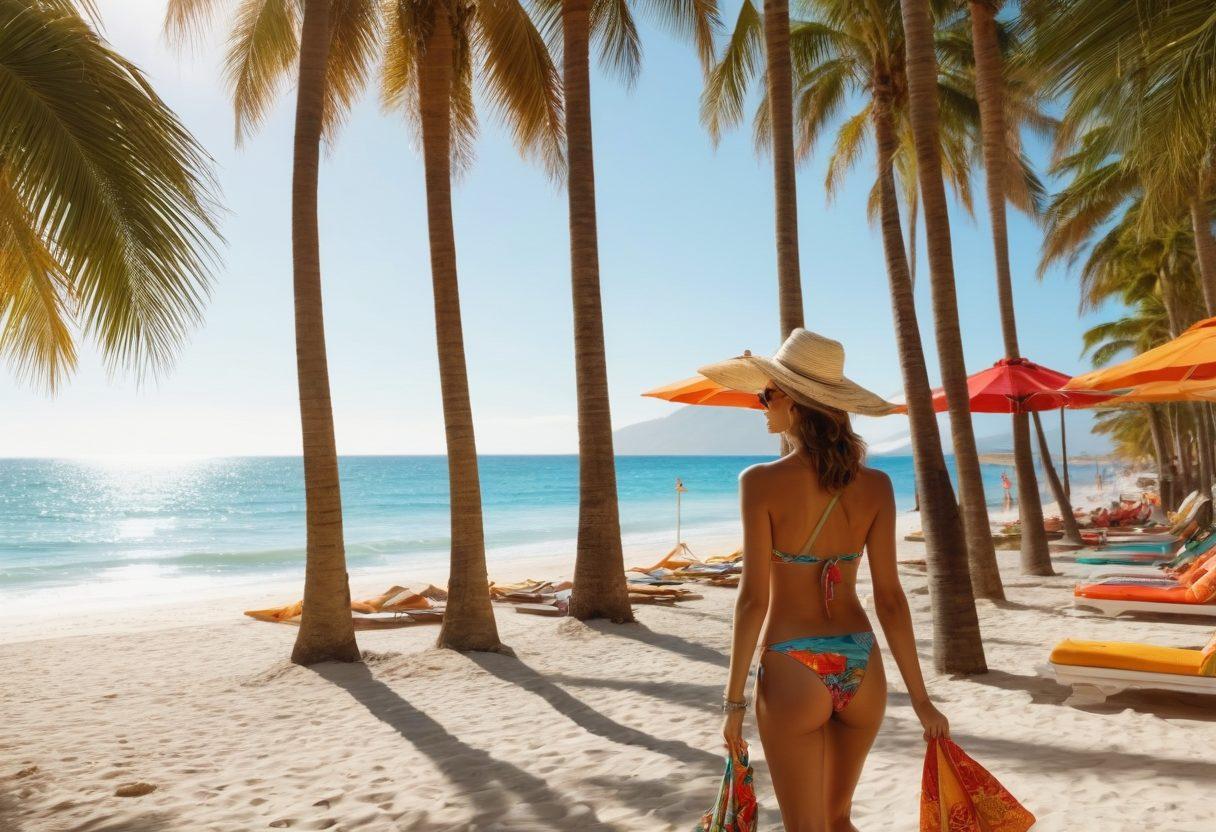 A trendy beach scene showcasing diverse individuals flaunting stylish swimwear, with vibrant towels and sun umbrellas in the background. Include palm trees swaying in the breeze and a shimmering ocean reflecting the sunlight. Highlight various swimwear styles and accessories like hats and sunglasses. The atmosphere should feel lively and fashionable, capturing the essence of beach chic. bright colors. super-realistic.